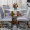 Mesa de Jantar Pedro Mel Tampo Vidro Off 90×90 4 Cadeiras Lisboa Veludo Prata 514 Art Assento Madeira Maciça