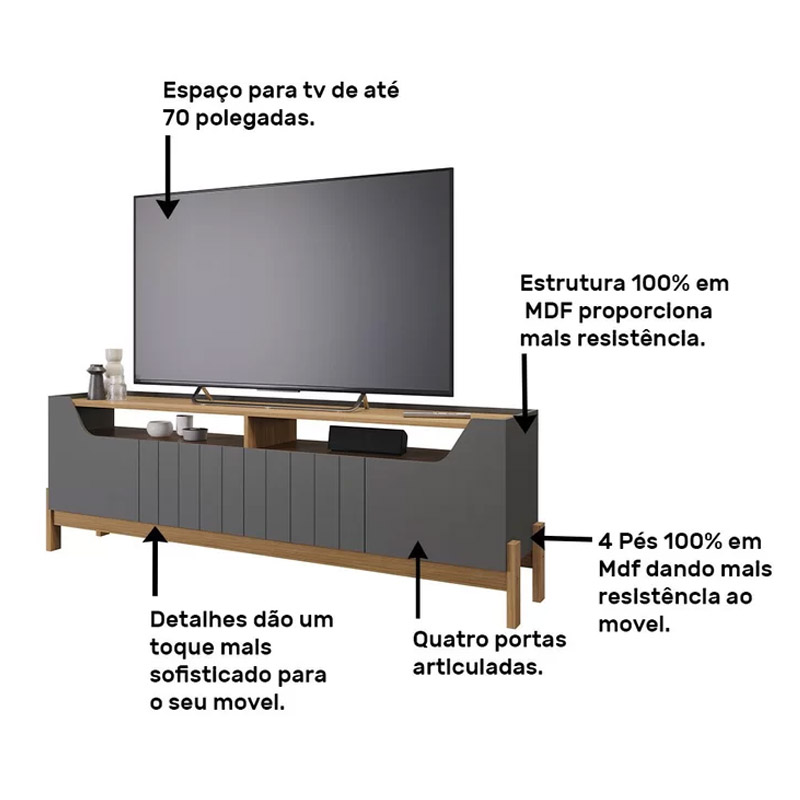 Rack Bancada Moema Para TV até 70 Polegadas 100% MDF Grafite/Nature Permóbili - Imagem 4