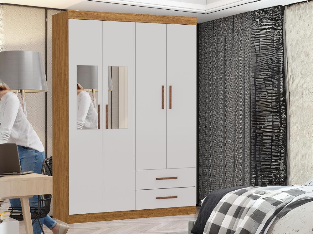 Guarda-Roupa Hércules c/ espelho 4 portas e 2 gavetas – Cinamomo/Off White