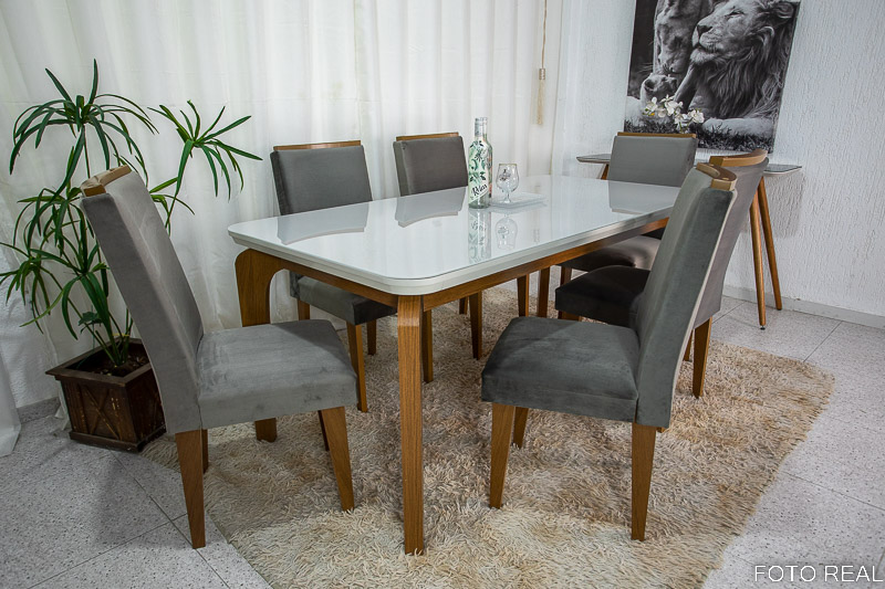 Mesa Jantar Londrina Imbuia Tampo Cop Vidro Off 180×90 6 Cadeiras Luxo Veludo Grafite Rufato - Imagem 3