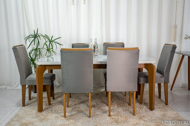 Mesa Jantar Londrina Imbuia Tampo Cop Vidro Off 180×90 6 Cadeiras Luxo Veludo Grafite Rufato - Imagem 4