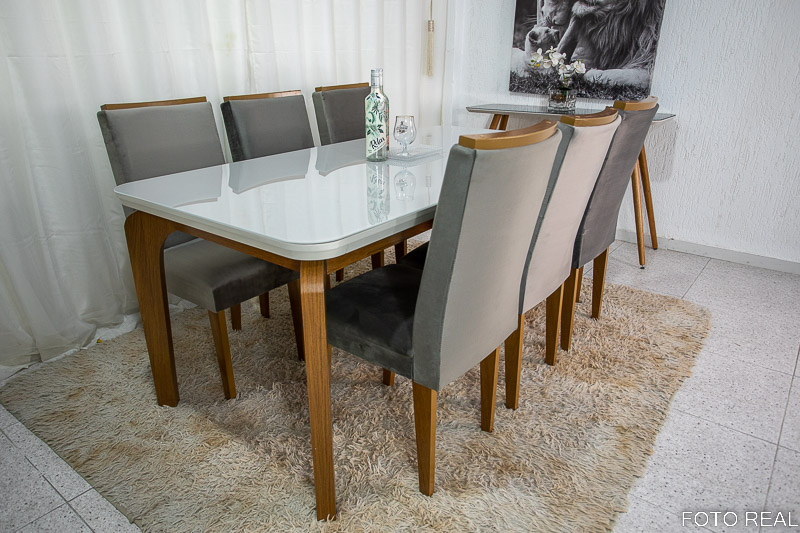 Mesa Jantar Londrina Imbuia Tampo Cop Vidro Off 180×90 6 Cadeiras Luxo Veludo Grafite Rufato - Imagem 2
