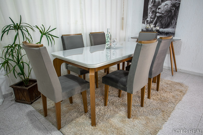 Mesa Jantar Londrina Imbuia Tampo Cop Vidro Off 180×90 6 Cadeiras Luxo Veludo Grafite Rufato