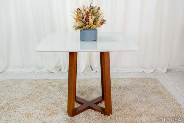 Alternative view of Mesa Pedro Mel Tampo Vidro Off 90×90 4 Cadeiras Lisboa Veludo Azul 503 Art Assento - Madeira Maciça