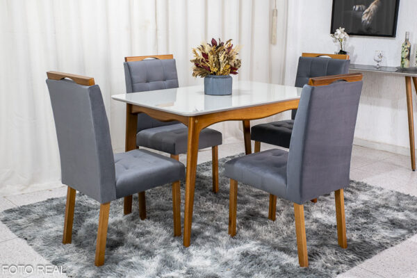 Alternative view of Mesa de Jantar Escócia Mel Tampo Vidro Off/White 120×80 4 Cadeiras Berlim Veludo Cinza 507 Art Assento Madeira Maciça