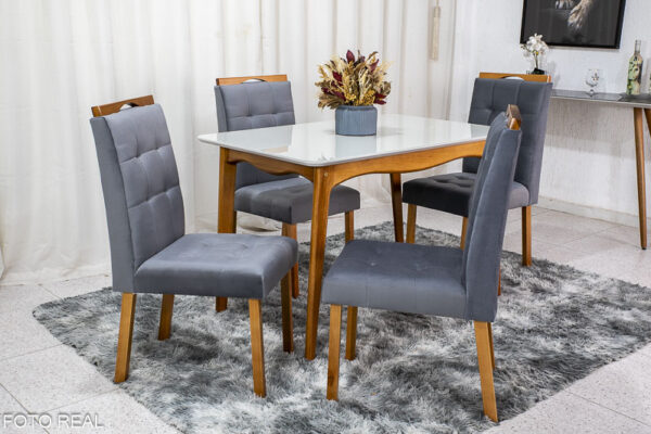 Mesa de Jantar Escócia Mel Tampo Vidro Off/White 120×80 4 Cadeiras Berlim Veludo Cinza 507 Art Assento Madeira Maciça