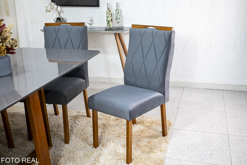 Mesa de Jantar Pedro Mel Tampo Grafite 160×80 6 Cadeiras Lisboa Assento Veludo Cinza 507 Art Assento Madeira Maciça - Imagem 4