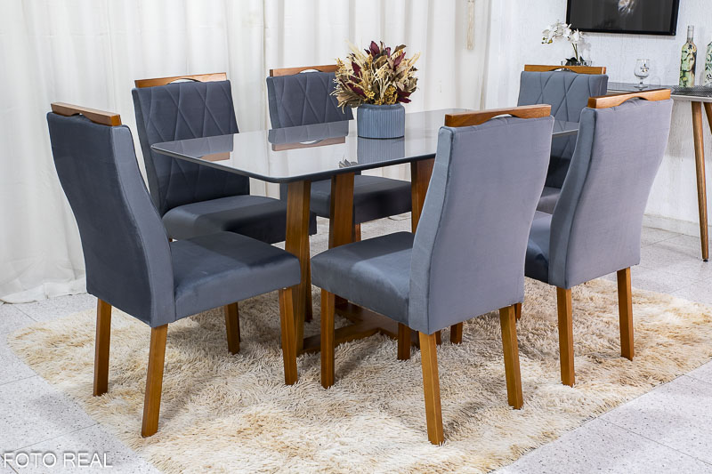 Mesa de Jantar Pedro Mel Tampo Grafite 160×80 6 Cadeiras Lisboa Assento Veludo Cinza 507 Art Assento Madeira Maciça - Imagem 3