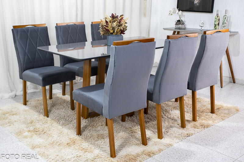 Mesa de Jantar Pedro Mel Tampo Grafite 160×80 6 Cadeiras Lisboa Assento Veludo Cinza 507 Art Assento Madeira Maciça - Imagem 2