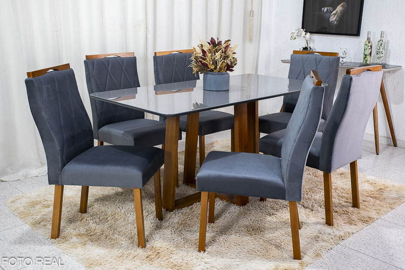 Mesa de Jantar Pedro Mel Tampo Grafite 160×80 6 Cadeiras Lisboa Assento Veludo Cinza 507 Art Assento Madeira Maciça