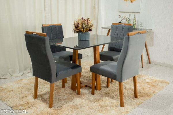 Alternative view of Mesa de Jantar Pedro Mel Tampo Vidro Grafite 120×80 4 Cadeiras Lisboa Veludo Grafite Art Assento - Madeira Maciça