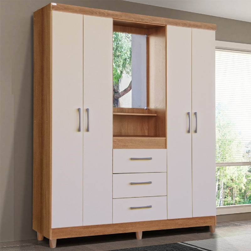 Roupeiro Capelinha Lyon c/Espelho 4 portas Mel/Off White Rud Rack