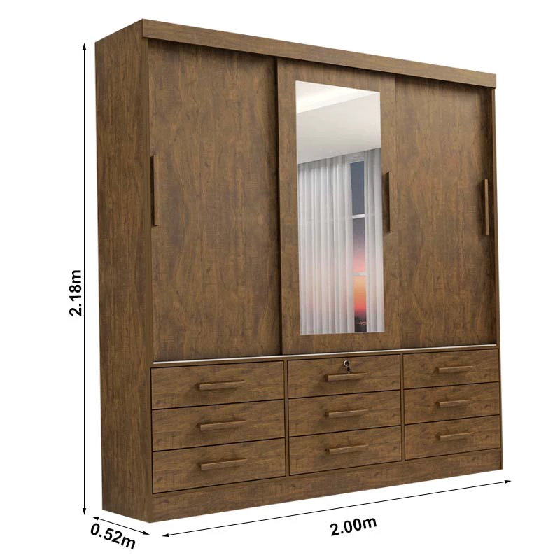 Roupeiro Meridian Plus 3 Portas 9 Gavetas Ypê Larg. 2.00m D'doro - Imagem 3