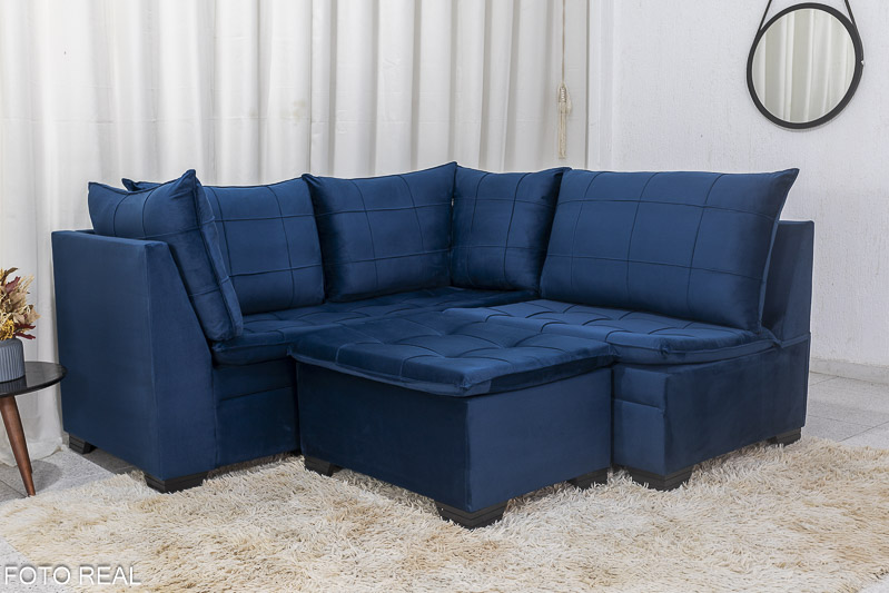 Sofá Canto 5 lugares com Puff Viena Veludo Azul A16 - Imagem 3