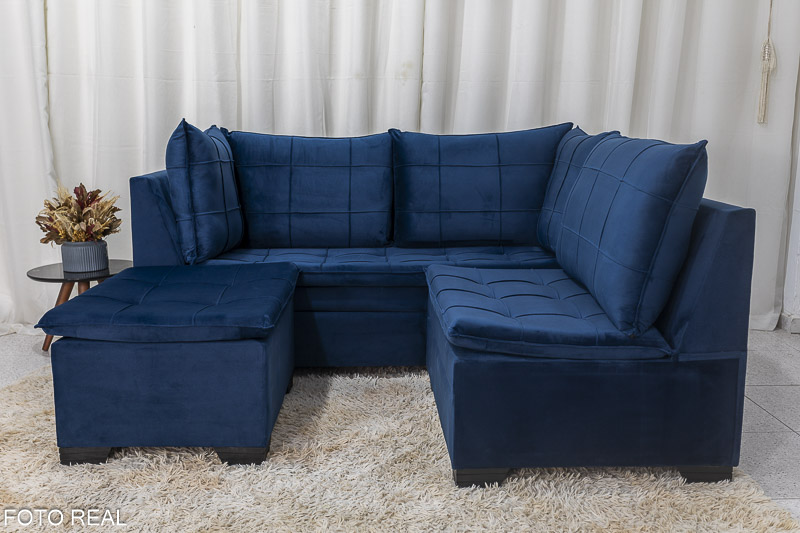 Sofá Canto 5 lugares com Puff Viena Veludo Azul A16 - Imagem 4