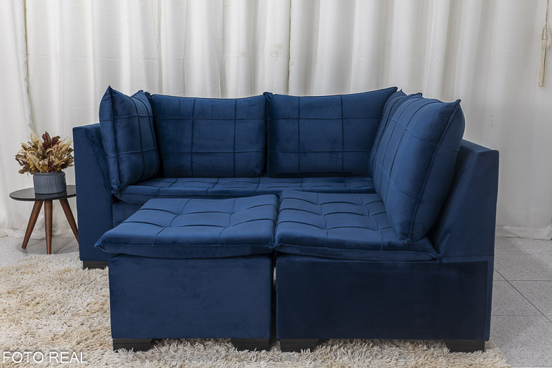 Sofá Canto 5 lugares com Puff Viena Veludo Azul A16 - Imagem 5