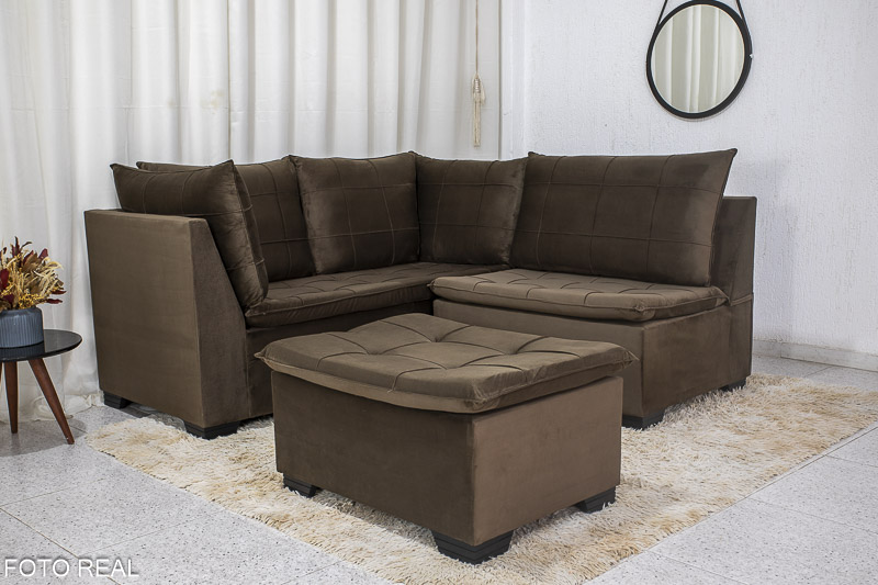 Sofá Canto 5 lugares com Puff Viena Veludo Marrom A17 - Imagem 2