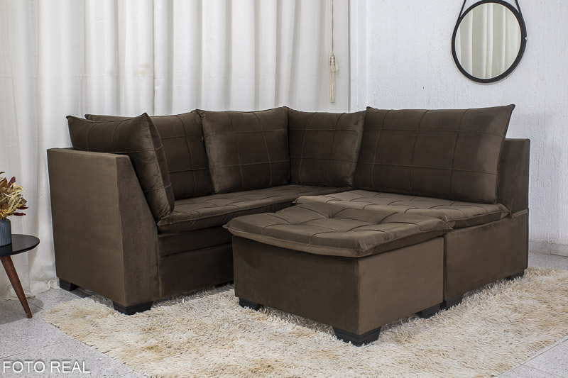 Sofá Canto 5 lugares com Puff Viena Veludo Marrom A17 - Imagem 3
