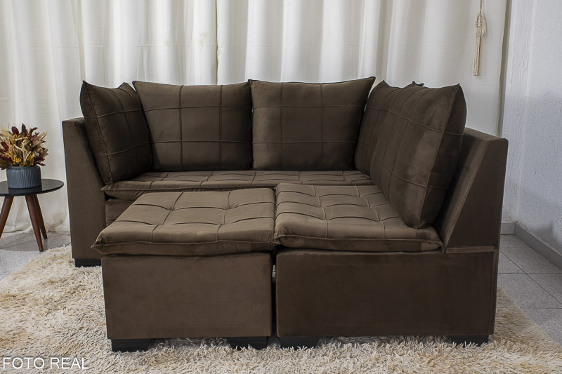 Sofá Canto 5 lugares com Puff Viena Veludo Marrom A17 - Imagem 5