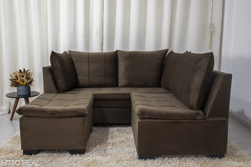 Sofá Canto 5 lugares com Puff Viena Veludo Marrom A17 - Imagem 4