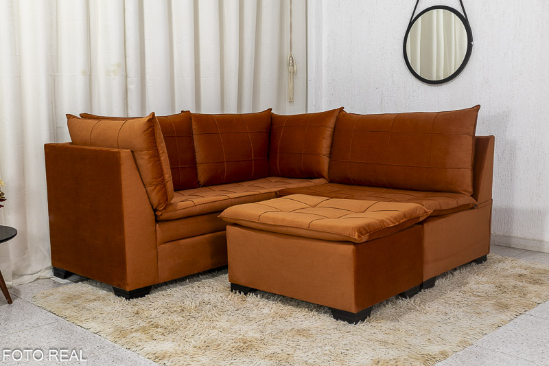 Sofá Canto 5 lugares com Puff Viena Veludo Terracota A33 - Imagem 3