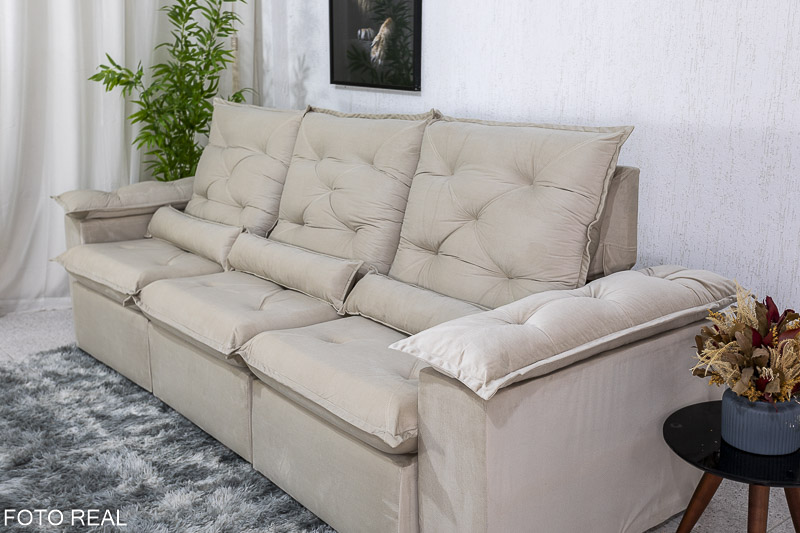 Sofá Retrátil Reclinável 2.70m Roma Veludo Bege 01 - D28 Soft - Imagem 7