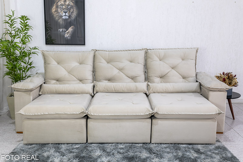 Sofá Retrátil Reclinável 2.70m Roma Veludo Bege 01 - D28 Soft - Imagem 5