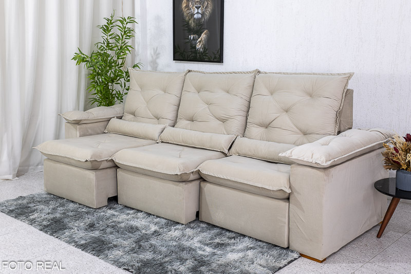 Sofá Retrátil Reclinável 2.70m Roma Veludo Bege 01 - D28 Soft - Imagem 2