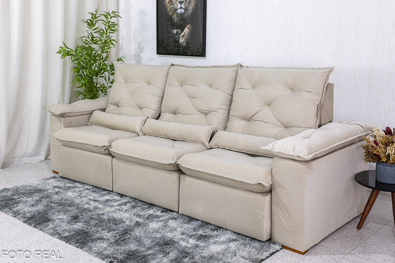 Sofá Retrátil Reclinável 2.70m Roma Veludo Bege 01 - D28 Soft - Imagem 3