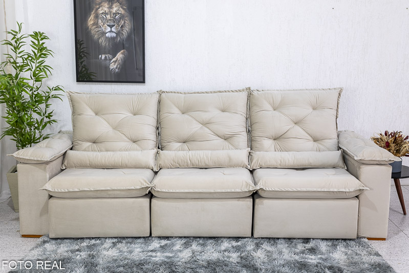 Sofá Retrátil Reclinável 2.70m Roma Veludo Bege 01 - D28 Soft - Imagem 4