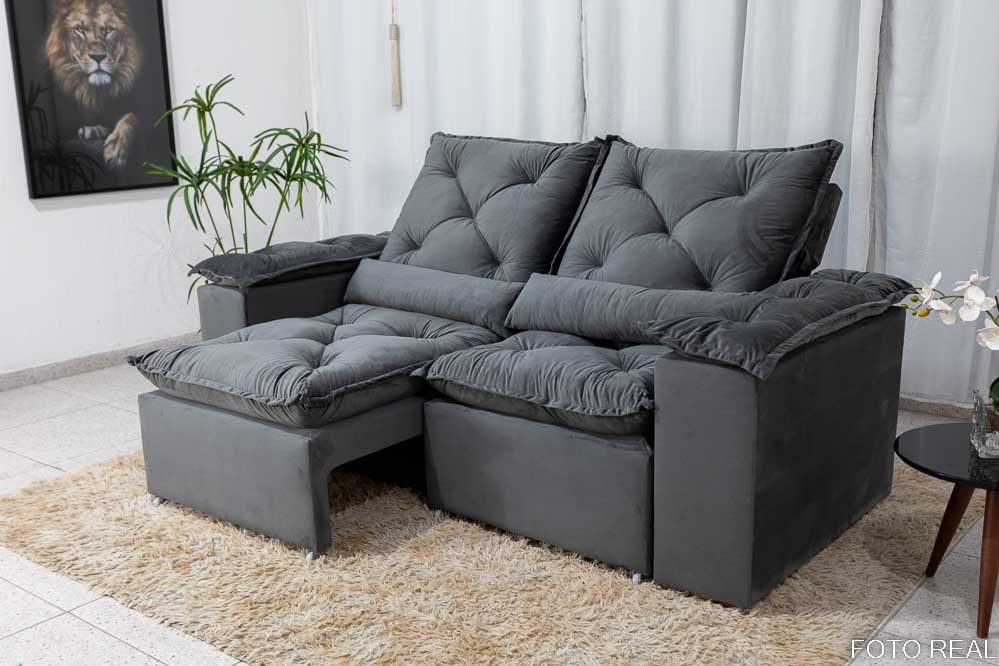 Sofá Retrátil Reclinável 3 Lug. Pérsia 1.96m K52 Veludinho Cinza - Imagem 2