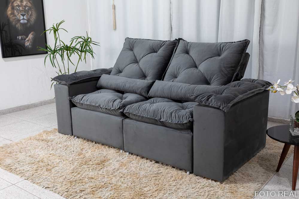 Sofá Retrátil Reclinável 3 Lug. Pérsia 1.96m K52 Veludinho Cinza - Imagem 3