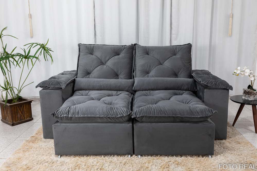 Sofá Retrátil Reclinável 3 Lug. Pérsia 1.96m K52 Veludinho Cinza - Imagem 5