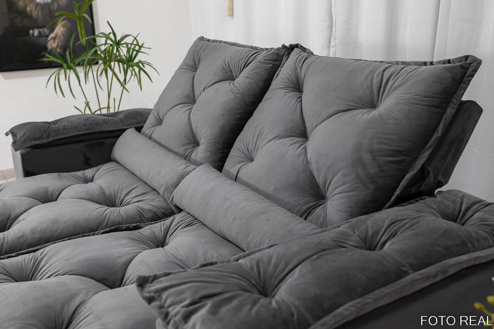 Sofá Retrátil Reclinável 3 Lug. Pérsia 1.96m K52 Veludinho Cinza - Imagem 7