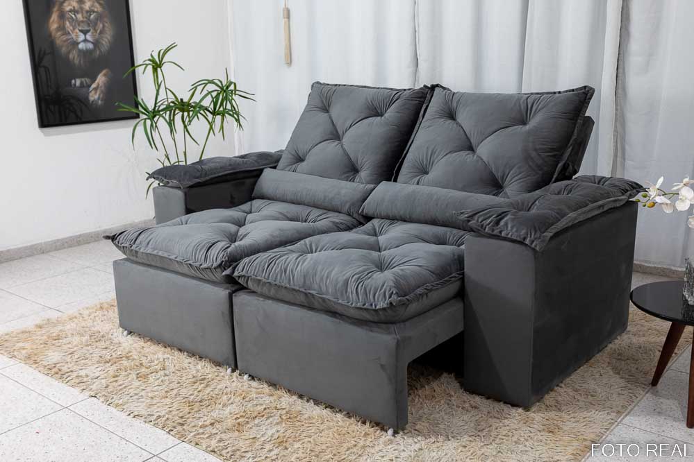 Sofá Retrátil Reclinável 3 Lug. Pérsia 1.96m K52 Veludinho Cinza