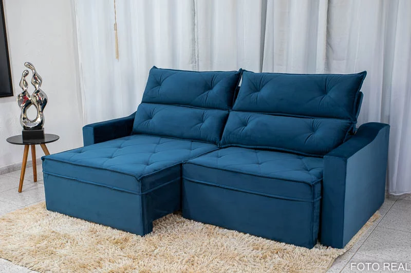 Sofá Retrátil Reclinável 3 Lugares Moscou 2.30m Veludo Azul A16 - Imagem 3