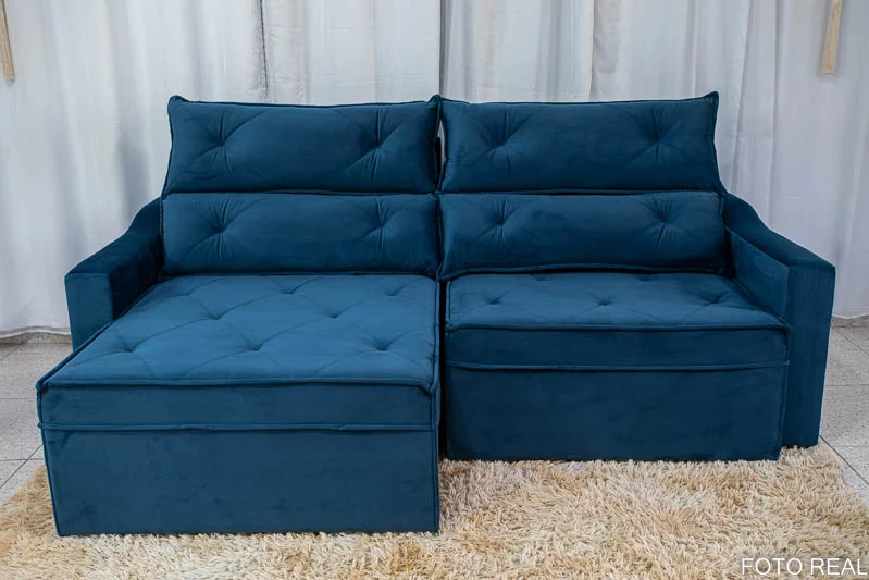 Sofá Retrátil Reclinável 3 Lugares Moscou 2.30m Veludo Azul A16 - Imagem 4
