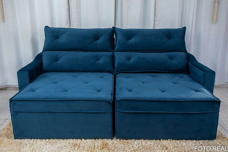 Sofá Retrátil Reclinável 3 Lugares Moscou 2.30m Veludo Azul A16 - Imagem 5