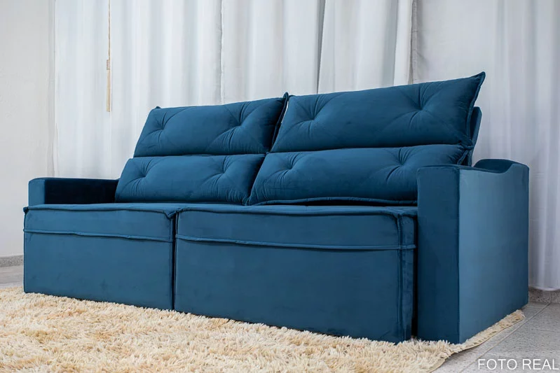 Sofá Retrátil Reclinável 3 Lugares Moscou 2.30m Veludo Azul A16 - Imagem 2