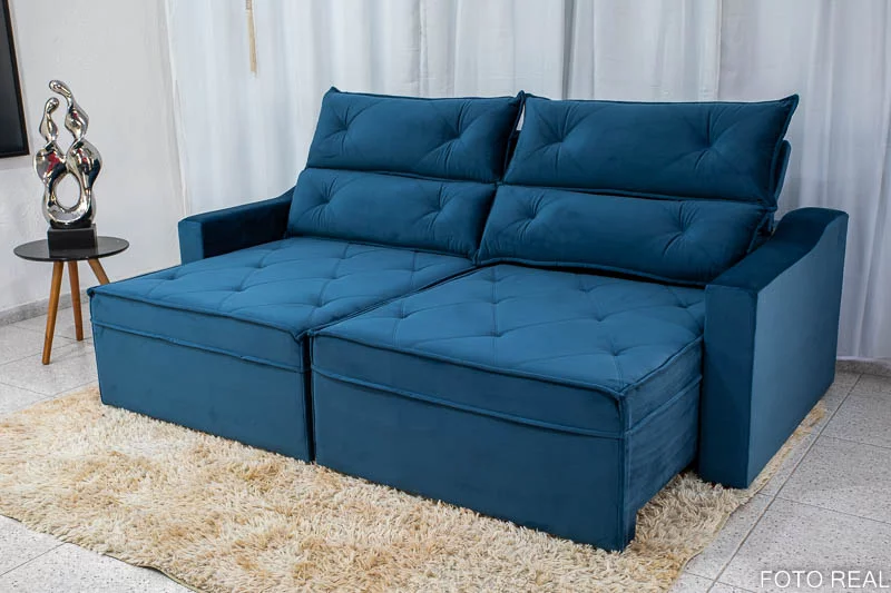 Sofá Retrátil Reclinável 3 Lugares Moscou 2.30m Veludo Azul A16