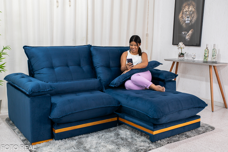 Sofá Retrátil Reclinável Ibis 2.50m Veludo Azul 800 - D33 e Molas Ensacadas