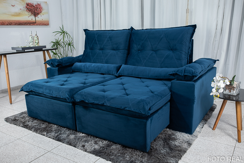 Sofá Retrátil Reclinável Las Vegas 2.30m Veludo Azul 03