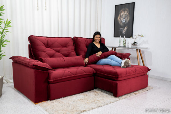 Sofá Retrátil Reclinável Suíça 2.50m Veludo Bordô 5005 - D33 e Molas Ensacadas