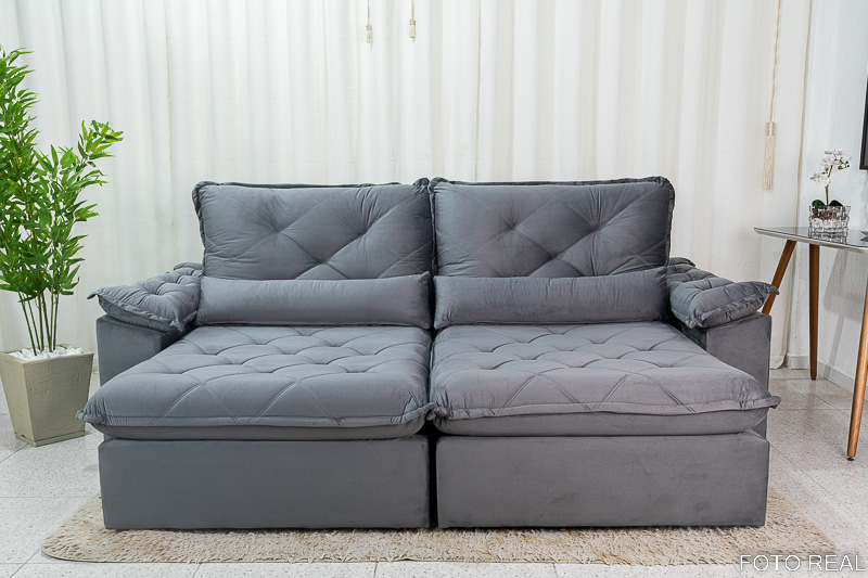 Sofá Retrátil Reclinável Suíça 2.50m Veludo Cinza 5001 - D33 e Molas Ensacadas - Imagem 2