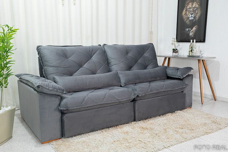Sofá Retrátil Reclinável Suíça 2.50m Veludo Cinza 5001 - D33 e Molas Ensacadas - Imagem 3