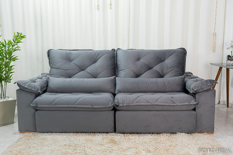 Sofá Retrátil Reclinável Suíça 2.50m Veludo Cinza 5001 - D33 e Molas Ensacadas - Imagem 4