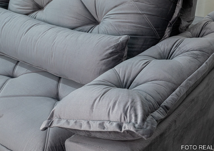 Sofá Retrátil Reclinável Suíça 2.50m Veludo Cinza 5001 - D33 e Molas Ensacadas - Imagem 5