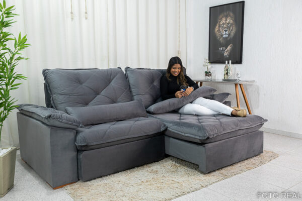 Sofá Retrátil Reclinável Suíça 2.50m Veludo Cinza 5001 - D33 e Molas Ensacadas