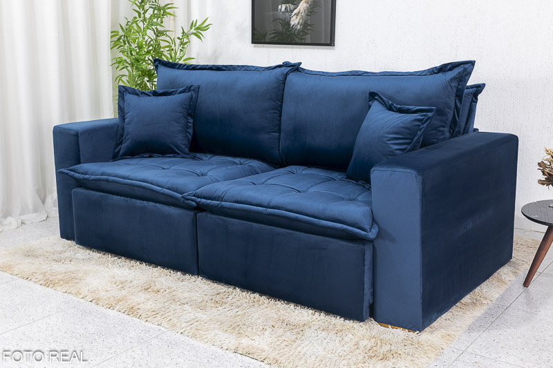 Sofá Retrátil Reclinável e Sofá Cama Rubi 2.20m Veludo Azul 03 - Imagem 3