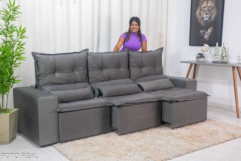 Sofá Retrátil e Reclinável Carol 2.60m Veludinho Cinza - Imagem 2
